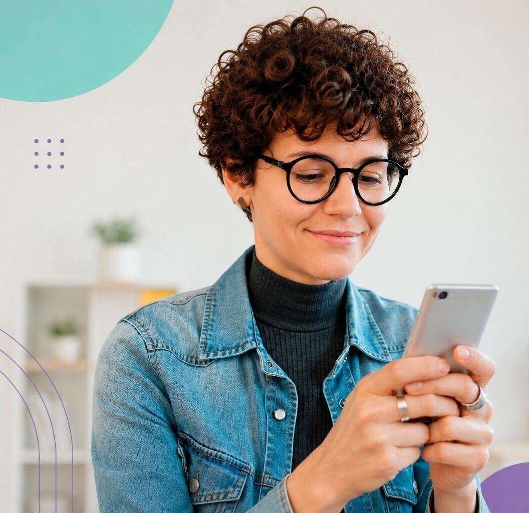 Mulher sorrindo enquanto digita no celular para renovar receita online
